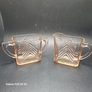 Vintage HAZEL ATLAS PINK CHEVRON CREAM SUGAR SET DEPRESSION GLASS ART DECO